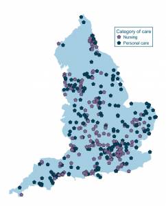 Figure 2 – Map showing location of all Outstanding rated homes in England (Purple = Personal care homes / Blue = Nursing care homes)