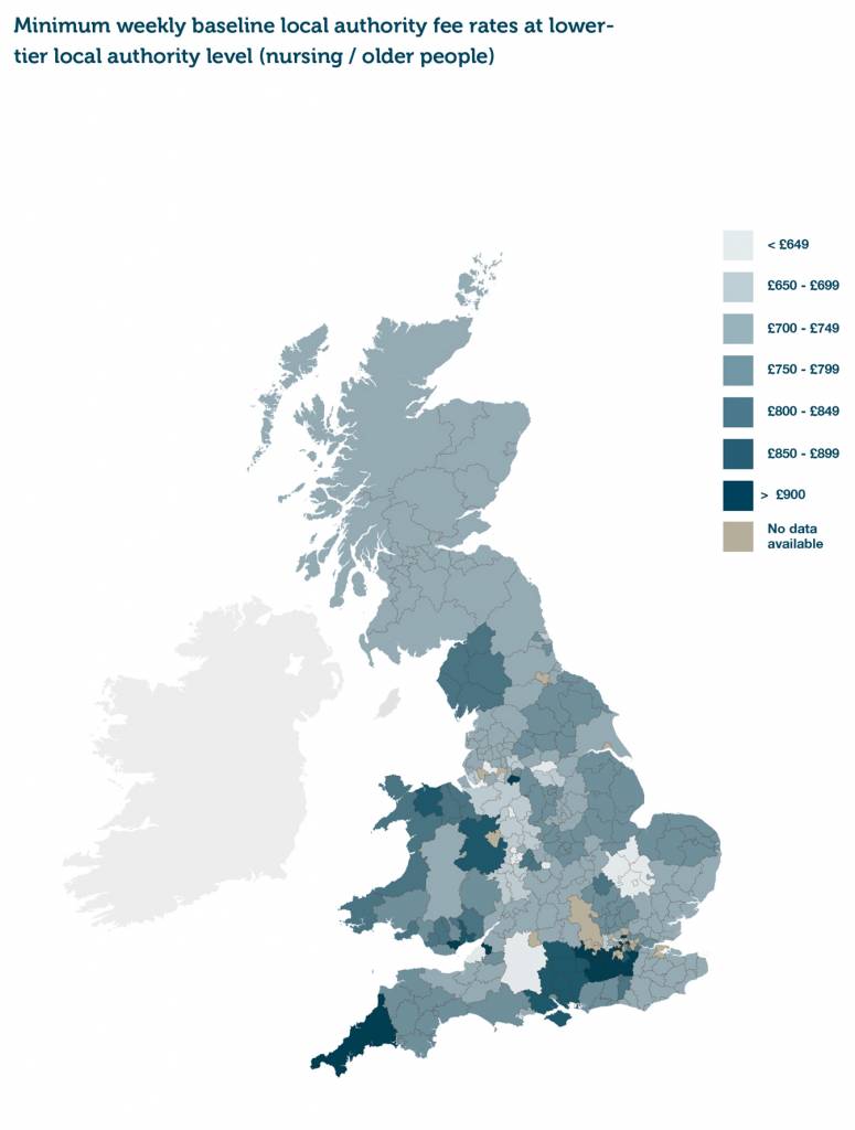 Figure 1 – Minimum baseline local authority fee rates at lower-tier authority level (nursing / older people)