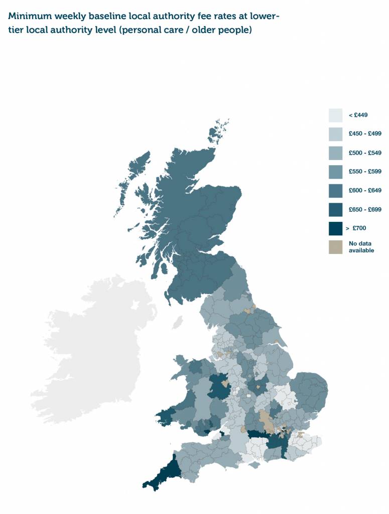 Figure 2 – Minimum baseline local authority fee rates at lower-tier authority level (personal care / older people)